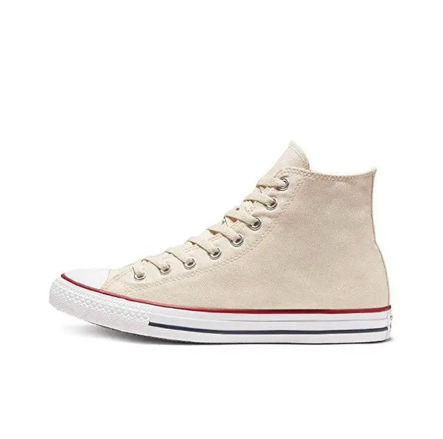 Beige fabric high-top sneakers with lace-up and red edge trim
