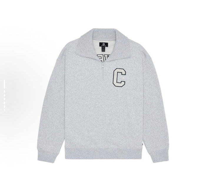 Light gray quarter-zip sweatshirt with embroidered C logo and mock neck