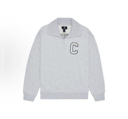 Light gray quarter-zip sweatshirt with embroidered C logo and mock neck