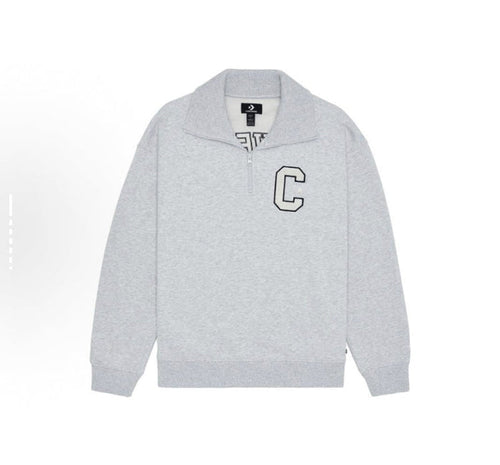 Light gray quarter-zip sweatshirt with embroidered C logo and mock neck