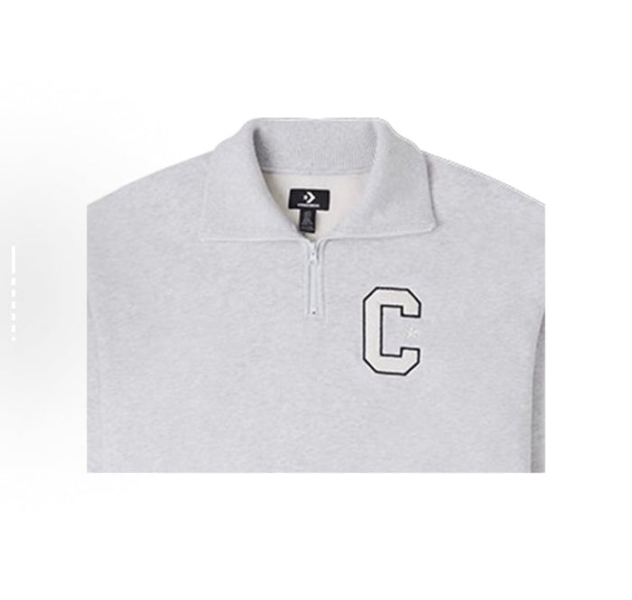 Light gray quarter-zip sweatshirt with raised collar and C chest logo