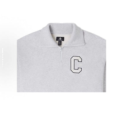 Light gray quarter-zip sweatshirt with raised collar and C chest logo