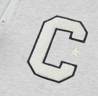Light gray sweatshirt with large embroidered C patch and small star detail