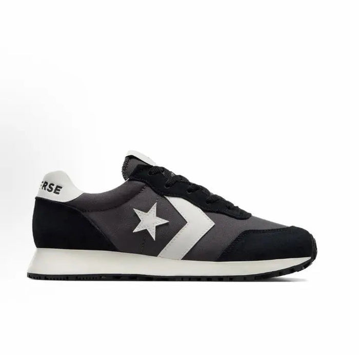 Converse Omega Trainer OX sneakers, black and dark grey with white diagonal stripe and star