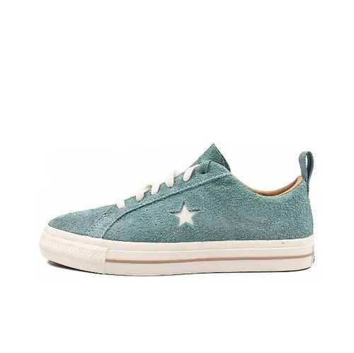 Light blue suede low-top sneaker with star logo, white laces and rubber sole