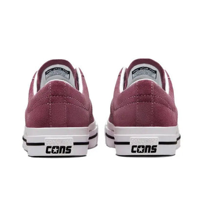 Burgundy low-top sneakers with Converse star heel patch and black lettering