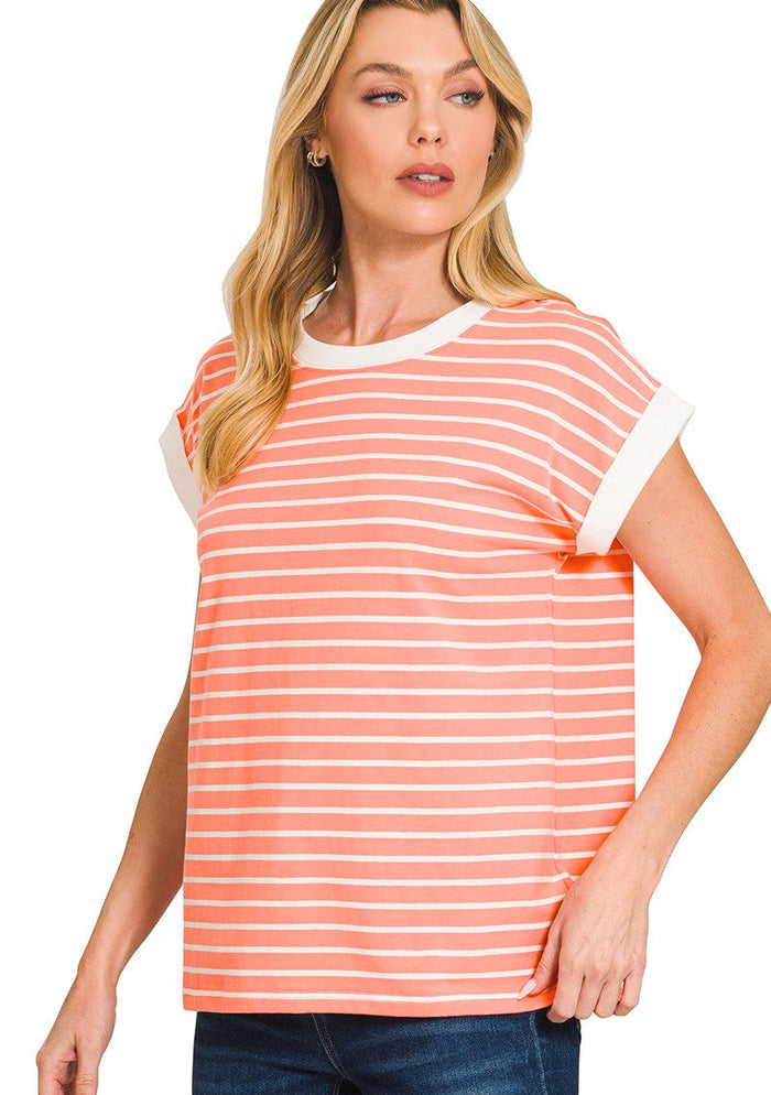 Coral and white striped cap-sleeve T-shirt, crew neck