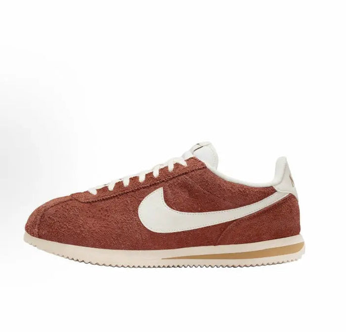 Nike Cortez SE suede sneakers, dark russet with white Swoosh and cream sole