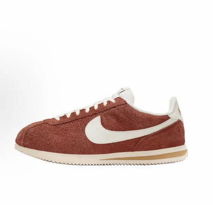 Nike Cortez SE suede sneakers, dark russet with white Swoosh and cream sole