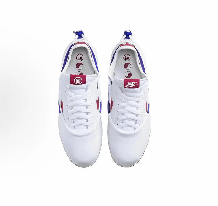 Nike Cortez x Clot sneakers, white uppers with red heel tab and blue lace details