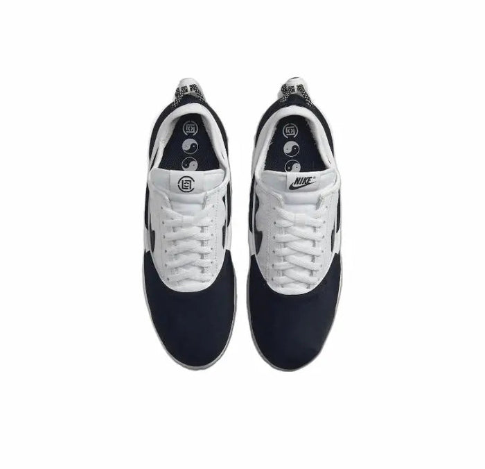 Nike Cortez x Clot sneakers, pair view with white laces and dark navy toe