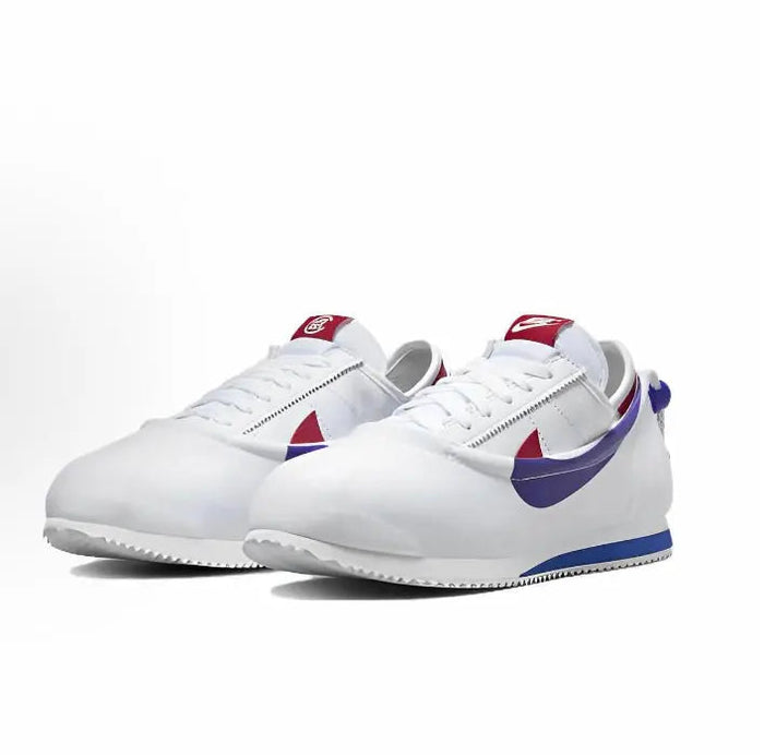 Nike Cortez x Clot sneakers, white leather with red triangular logo and blue swoosh