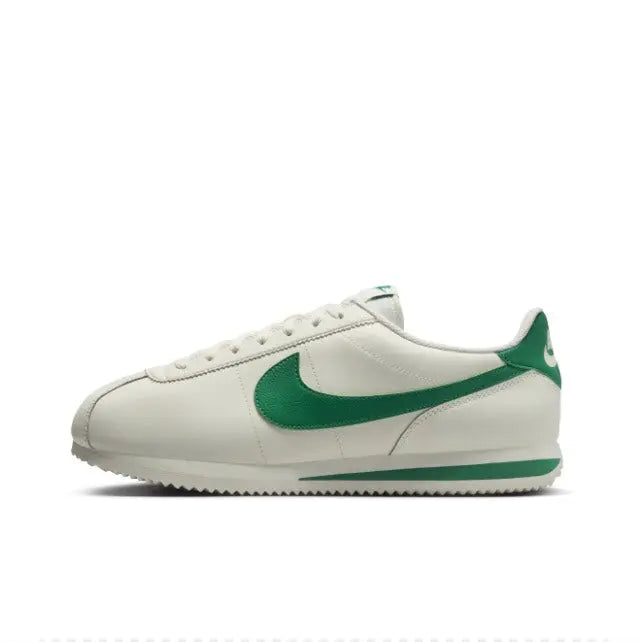 Nike Cortez low-top sneakers, white leather with green Swoosh and trim