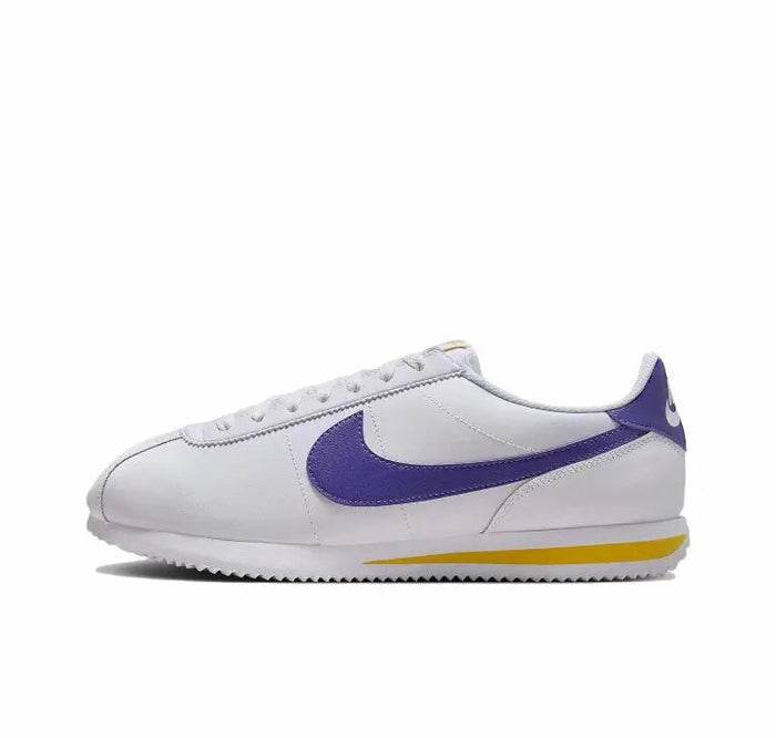Nike Cortez sneakers, white leather with purple Swoosh and gum midsole