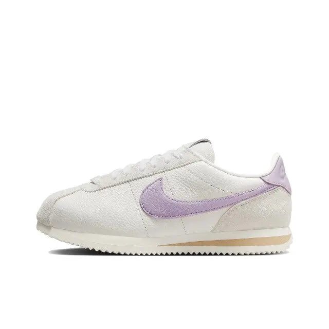 Nike Cortez low-top sneakers, beige with lilac Swoosh and gum sole