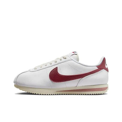 Nike Cortez sneakers, white leather with burgundy swoosh and lace-up