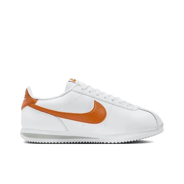 Cortez sneakers in white leather with orange Swoosh and lace-up front
