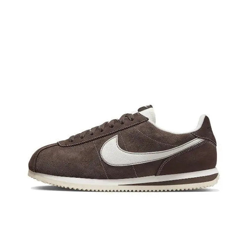 Nike Cortez low-top sneakers in dark brown with white Swoosh and lace-up