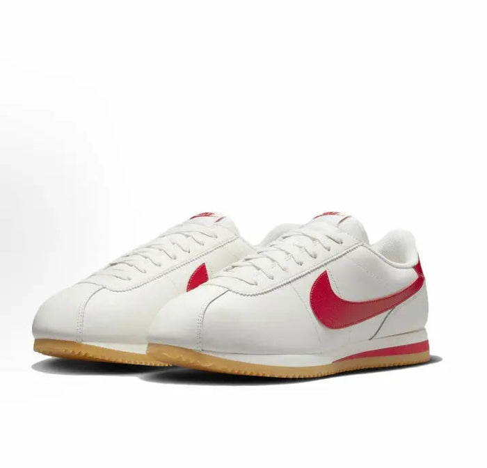 Cortez sneakers, white leather upper with red swoosh and gum sole