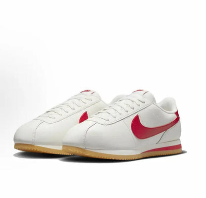 Cortez sneakers, white leather upper with red swoosh and gum sole
