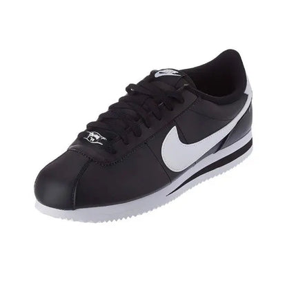 Black lace-up low-top sneaker with white swoosh and thick midsole
