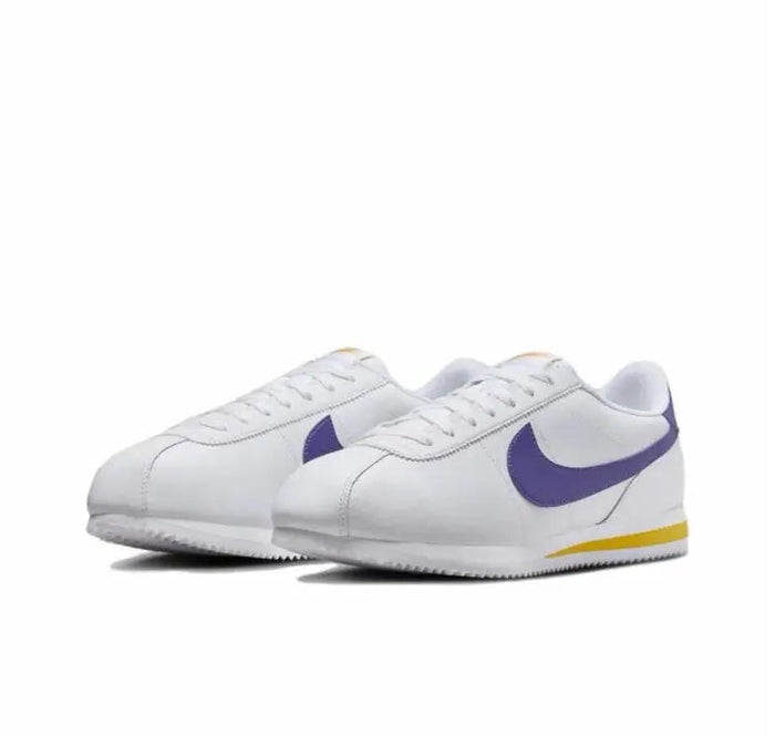 Cortez sneakers, white leather uppers with purple Swoosh and yellow gum trim