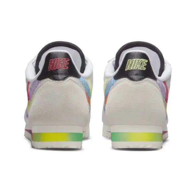 Nike Cortez sneakers, rear view with black heel collar and multicolor heel detailing