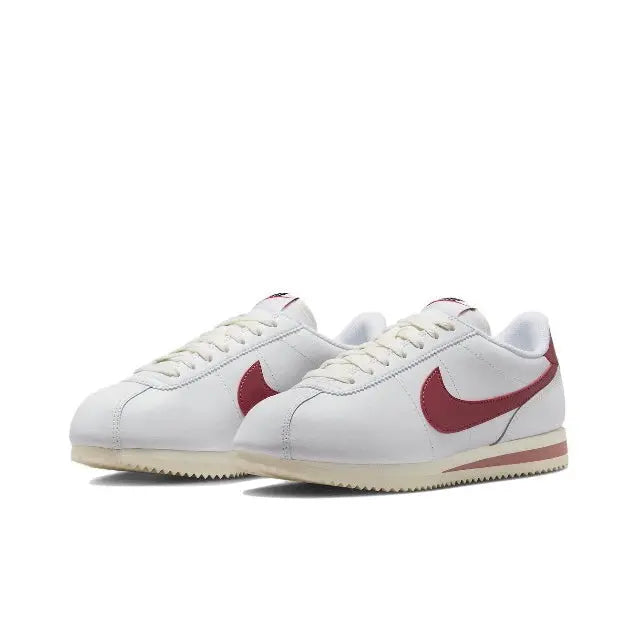 Nike Cortez sneakers, white leather with burgundy swoosh and tan sole stripe