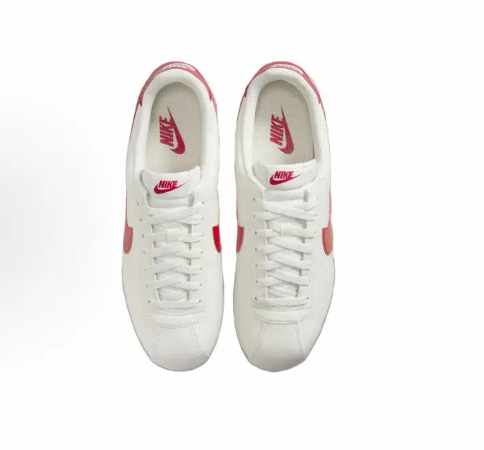 Cortez sneakers front view, white laces with red heel accent