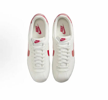 Cortez sneakers front view, white laces with red heel accent