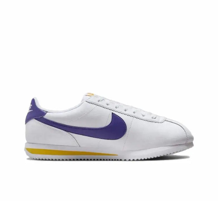 Cortez sneakers, white leather with purple Swoosh and white laces; gum sole