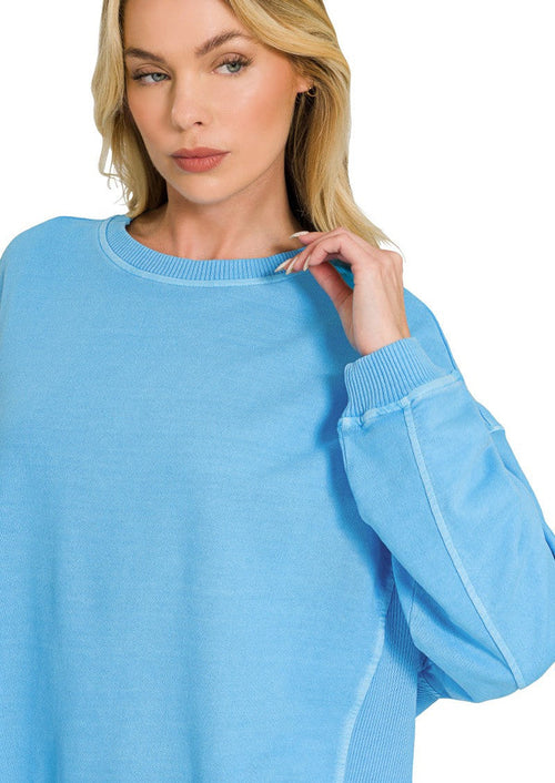Lightweight cotton sweatshirt in light blue, crew neck, ribbed cuffs and hem