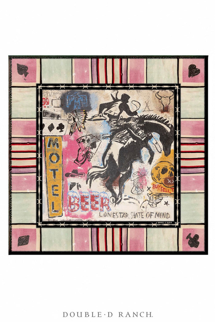 Silk scarf with cowboy graffiti print, pink stripes and border, Double D Ranch
