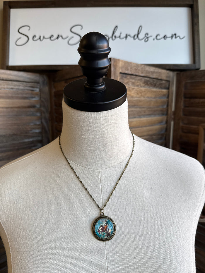 Round glass bronc pendant necklace, bronze-tone chain