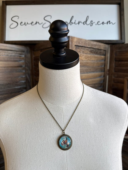 Round glass bronc pendant necklace, bronze-tone chain