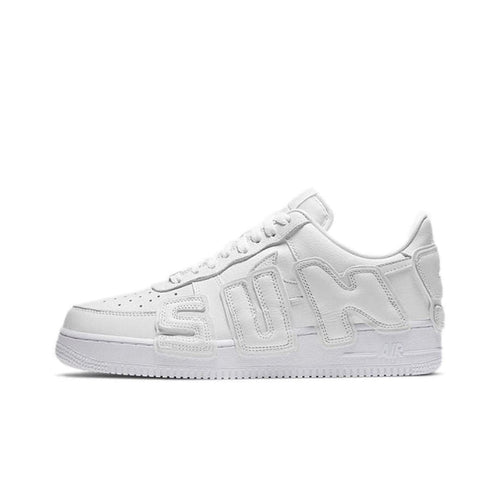 Low-top sneaker in white leather with tonal laces and raised logo detail.