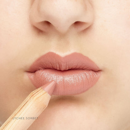 Luk Beautifood Natural Lipstick Crayon & lip liner in Nude shade Lychee Sorbet Vegan. Sustainable Packaging.