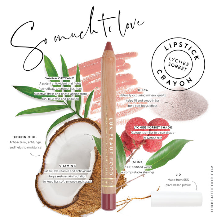Luk Beautifood Natural Lipstick Crayon & lip liner in neutral shade Lychee Sorbet. Vegan Lipstick