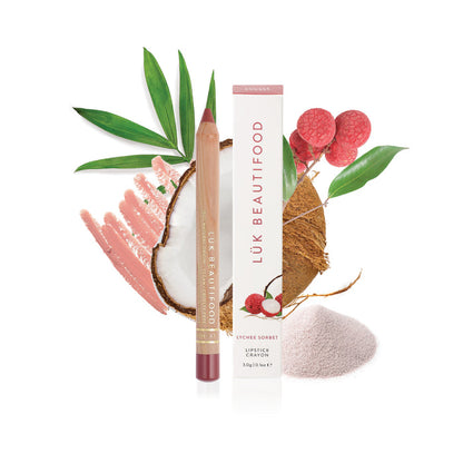 Luk Beautifood Natural Lipstick Crayon & lip liner in neutral shade Lychee Sorbet Vegan. Sustainable Beauty Packaging. Vegan