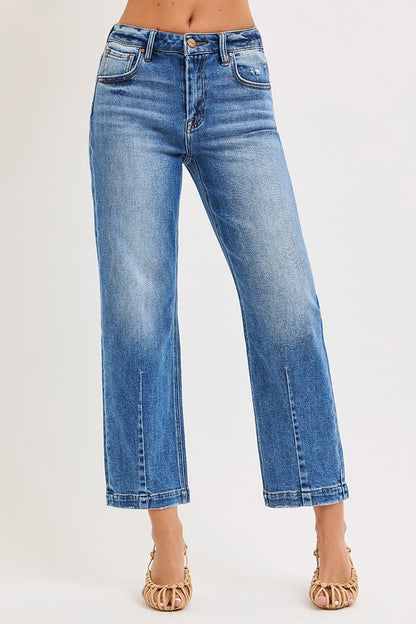 Cropped tapered boyfriend jeans in medium-wash denim, back pockets, cuffed hem