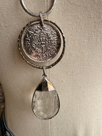 Coin charm pendant necklace with teardrop crystal drop and silver chain