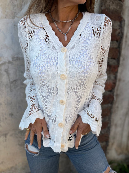 üèÜFlash Sale‚ö° 50K+ SOLD! Almost Gone-üí•Cutout Embroidered V-Neck Button Long Sleeve Top,Best gifts