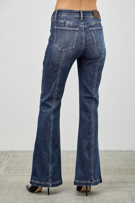 Dark wash bootcut jeans with front pockets and belt loops