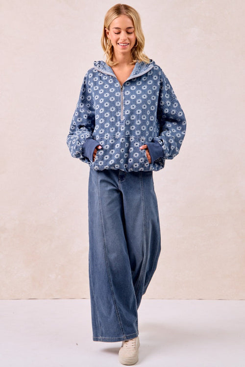 Blue floral-print denim zip hoodie with hood and front pockets
