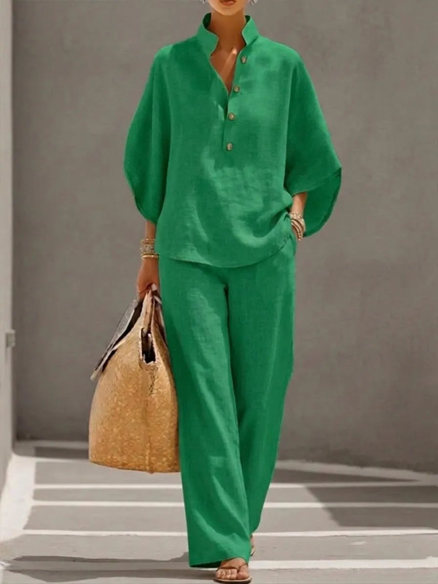 üî•Women's Batwing Sleeve Two-Piece Set ‚Äì Casual Shirt & Wide Leg Pants Outfit