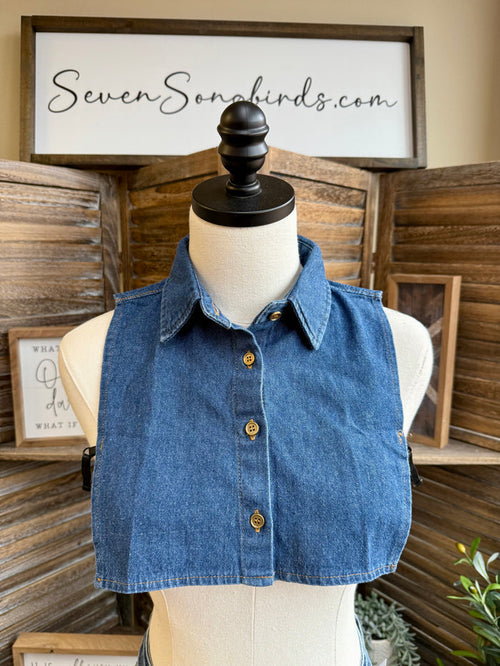 Dark denim faux shirt collar with pointed tips and gold button front