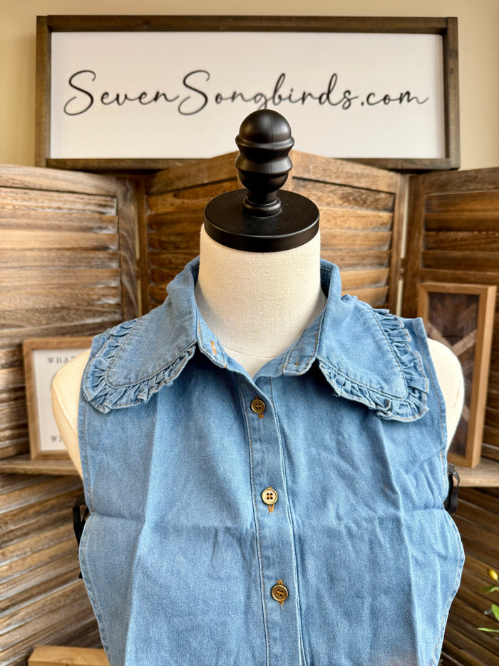 Light blue denim faux shirt collar with ruffled edge and gold button placket