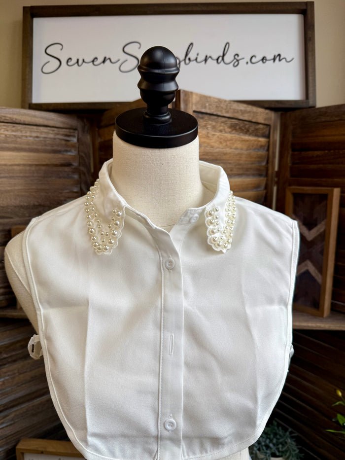 White faux shirt collar with pearl-like cluster embellishments at the tips