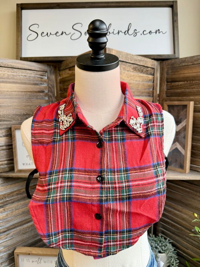 Red plaid faux shirt collar with embroidered/gem accents at the tips
