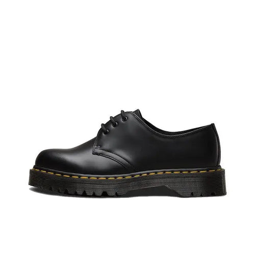Dr. Martens Bex lace-up shoe in black smooth leather with yellow stitching and platform sole